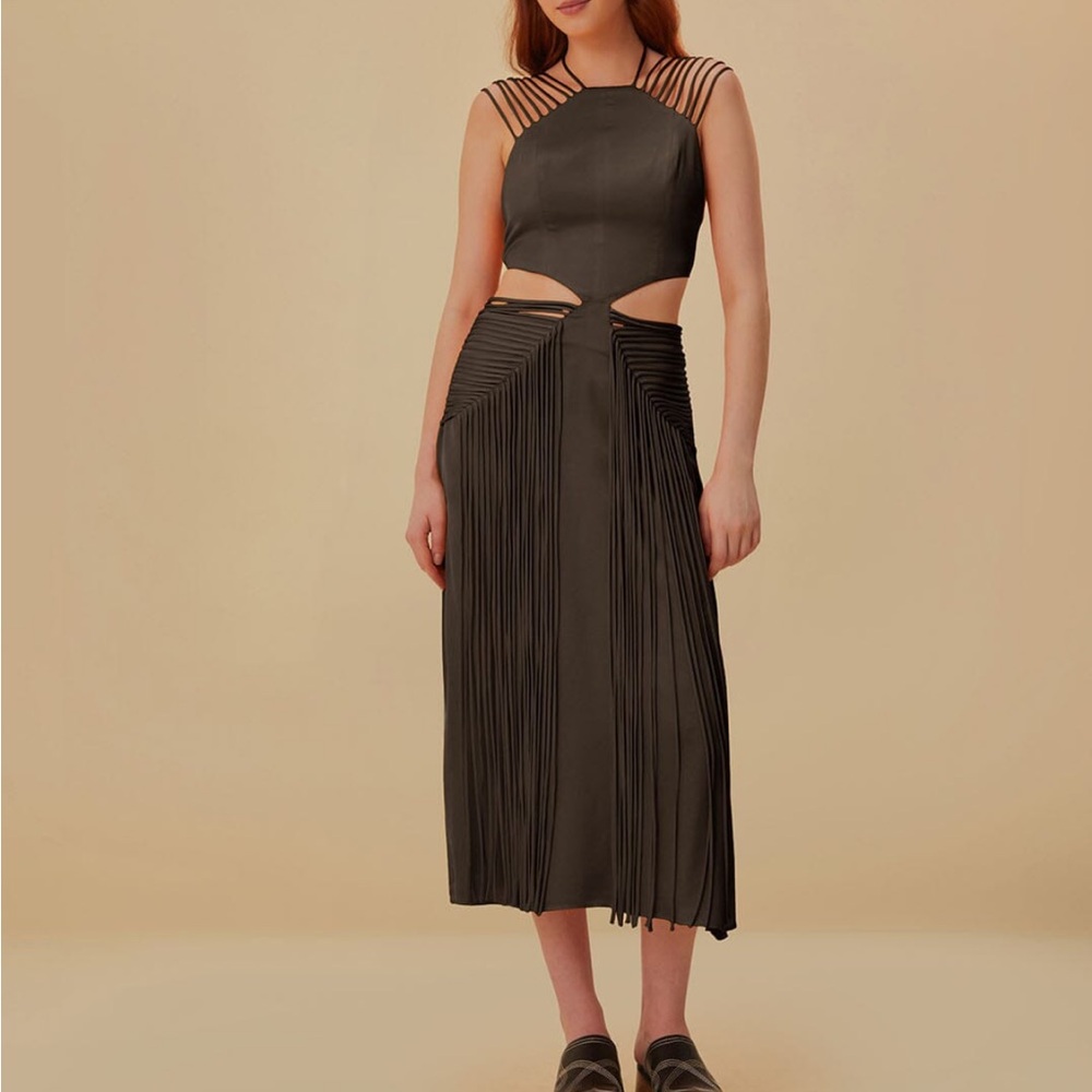 FARM Rio Brown Fringed Sleeveless Midi Dress